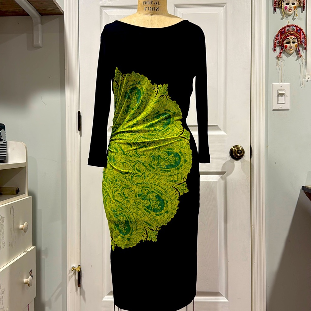 BCBGMaxazria Black dress with green/ lime color design in perfect condition